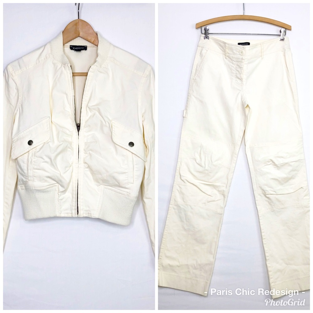 Bebe Cream vintage, two piece, bomber jacket, pants suit